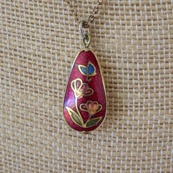 Vintage Floral Cloisonné Enamel Red Teardrop Pendant Necklace - Picture 4 of 7